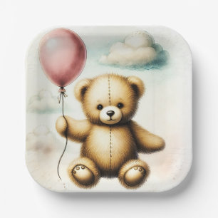 Teddy Bear Pink Balloon Bearly Wait Baby Shower  Paper Plate