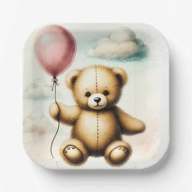 Teddy Bear Pink Balloon Bearly Wait Baby Shower  Paper Plate (Front)