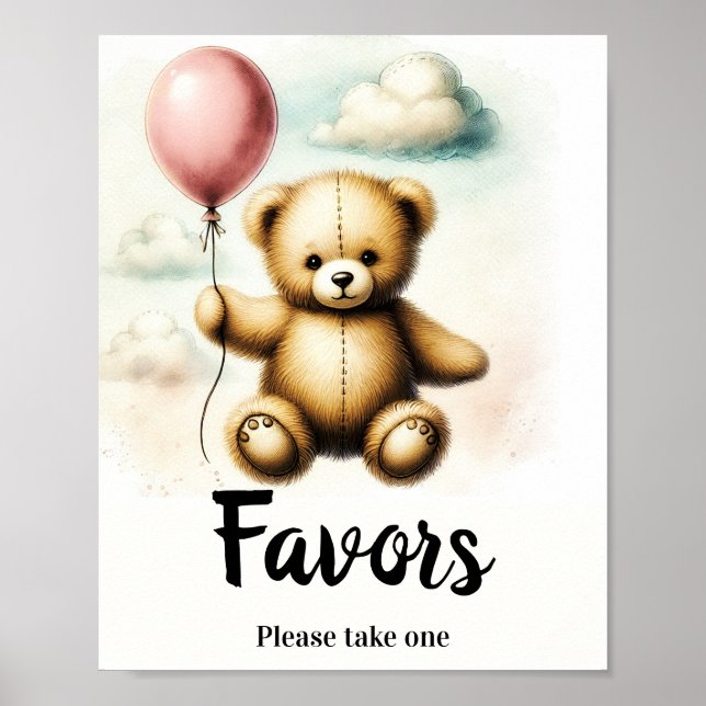 Teddy Bear Pink Balloon Birthday Favour Sign (Front)