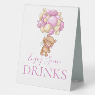 Teddy Bear Pink Balloon DRINKS Table Tent Sign