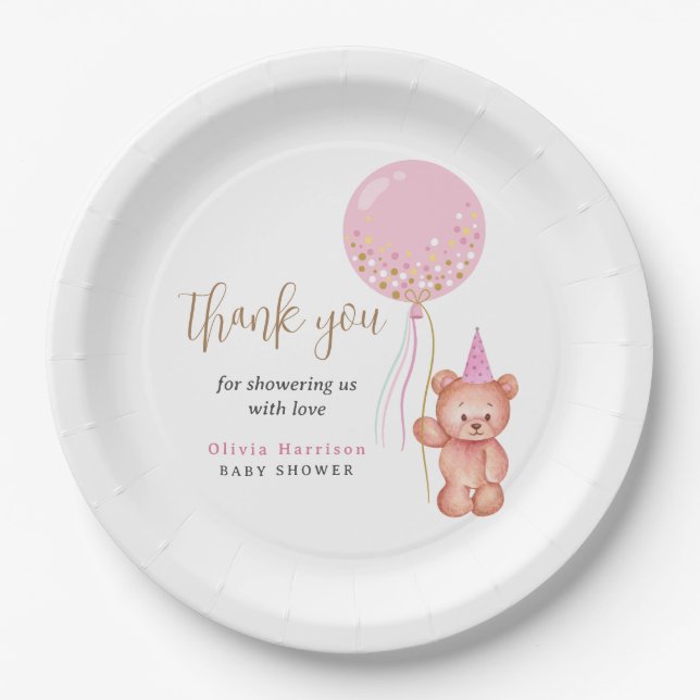Teddy Bear Pink Balloon Girl Baby Shower Thank You Paper Plate (Front)