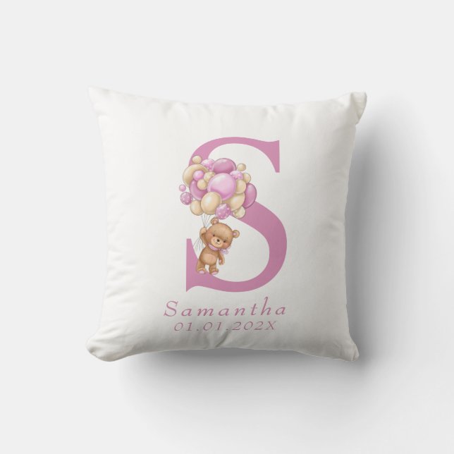 Teddy Bear Pink Balloon Girl Name  Cushion (Front)