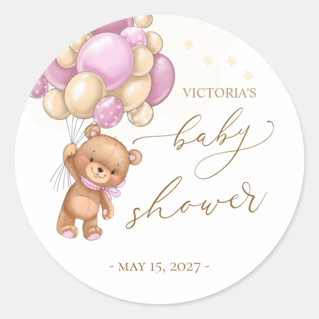 Teddy Bear Pink Balloons Baby Shower Classic Round Sticker (Front)