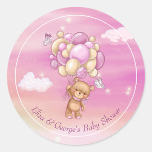 Teddy Bear Pink Balloons Baby Shower Classic Round Sticker