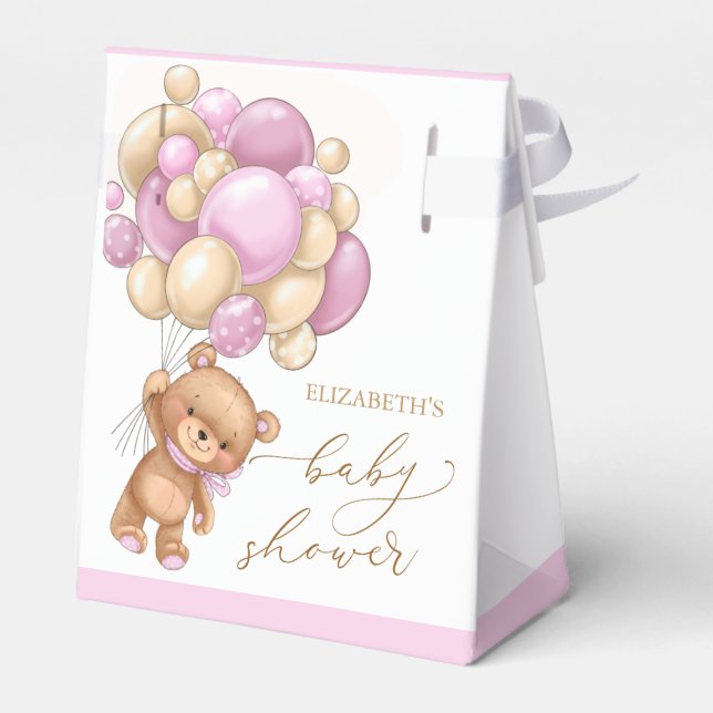 Teddy Bear Pink Balloons Baby Shower Favour Box (Back Side)