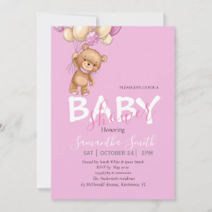 Teddy Bear, PINK Balloons Baby Shower Invitation