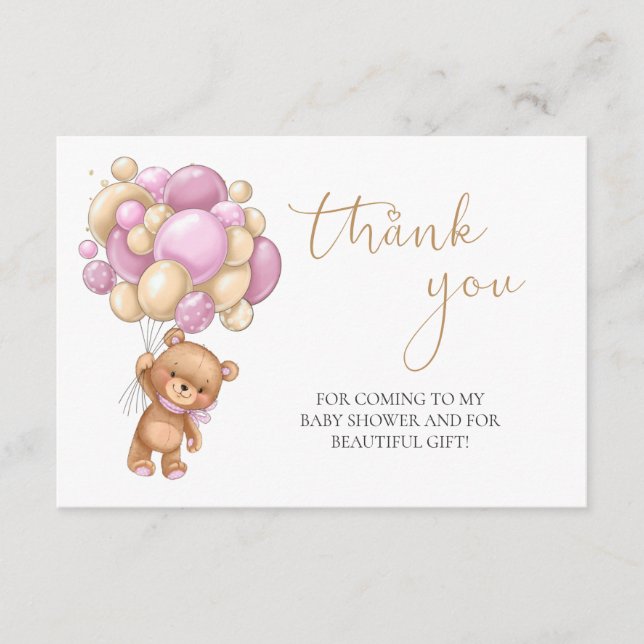 Teddy Bear Pink Balloons Baby Shower Thank You Enclosure Card (Front)