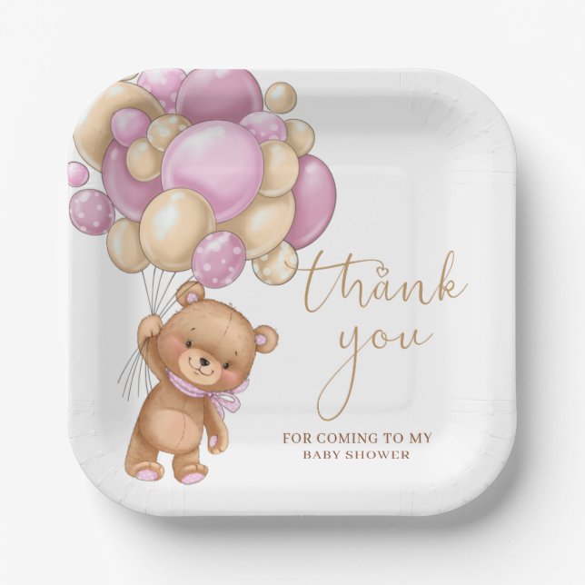 Teddy Bear Pink Balloons Baby Shower Thank You   Paper Plate (Front)