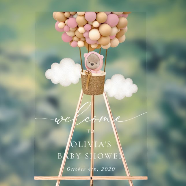 Teddy Bear, Pink Balloons, Baby Shower Welcome Acrylic Sign (Neutral)