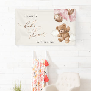 Teddy Bear, Pink Balloons, Baby Shower Welcome Banner