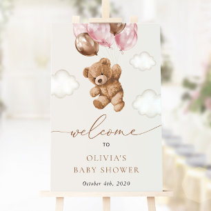Teddy Bear, Pink Balloons, Baby Shower Welcome Poster