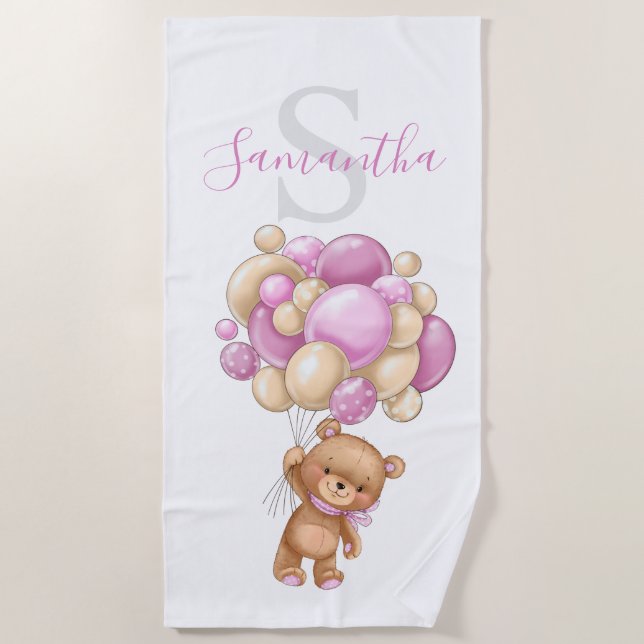 Teddy Bear Pink Balloons beach towel for kids  (Front)