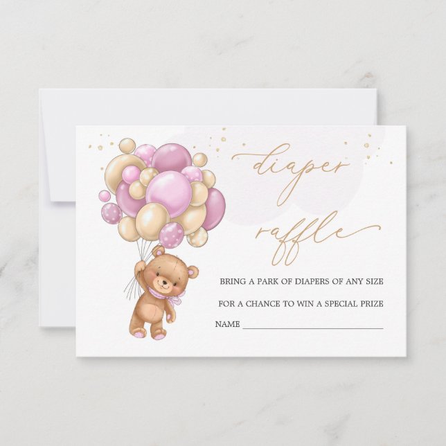 Teddy Bear Pink Balloons Diaper Raffle  Invitation (Front)