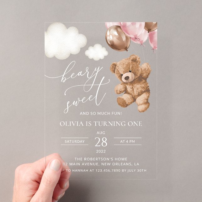 Teddy Bear, Pink Balloons, First Birthday Acrylic Invitations (Insitu (Handheld))