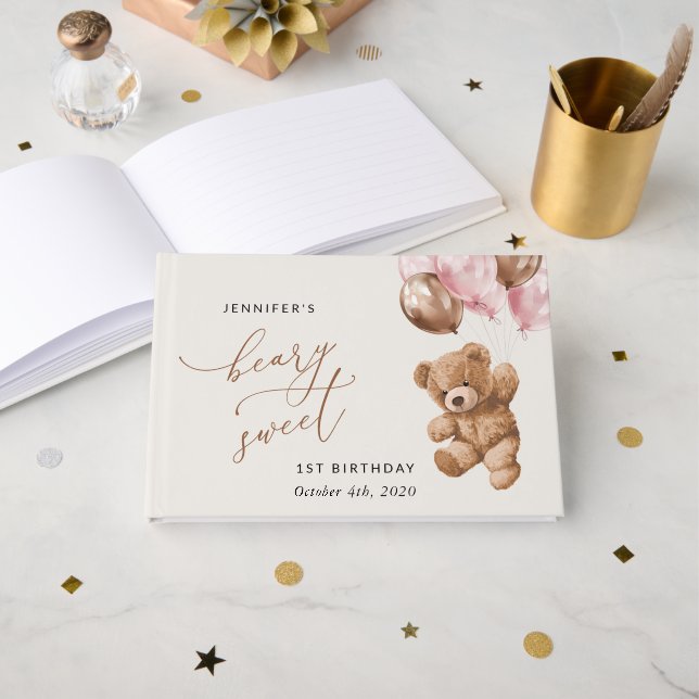 Teddy Bear, Pink Balloons, First Birthday Guest Book (Front Open)