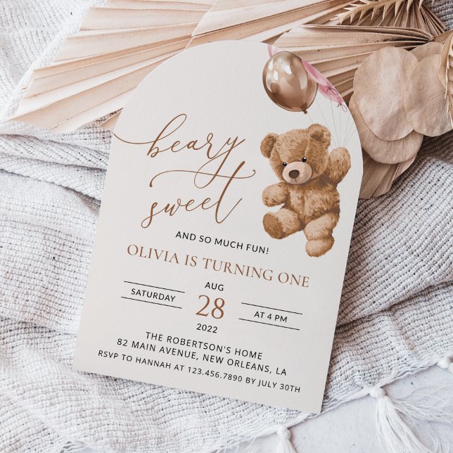 Teddy Bear, Pink Balloons, First Birthday Invitation (Creator Uploaded)