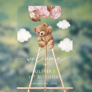 Teddy Bear, Pink Balloons, First Birthday Welcome Acrylic Sign