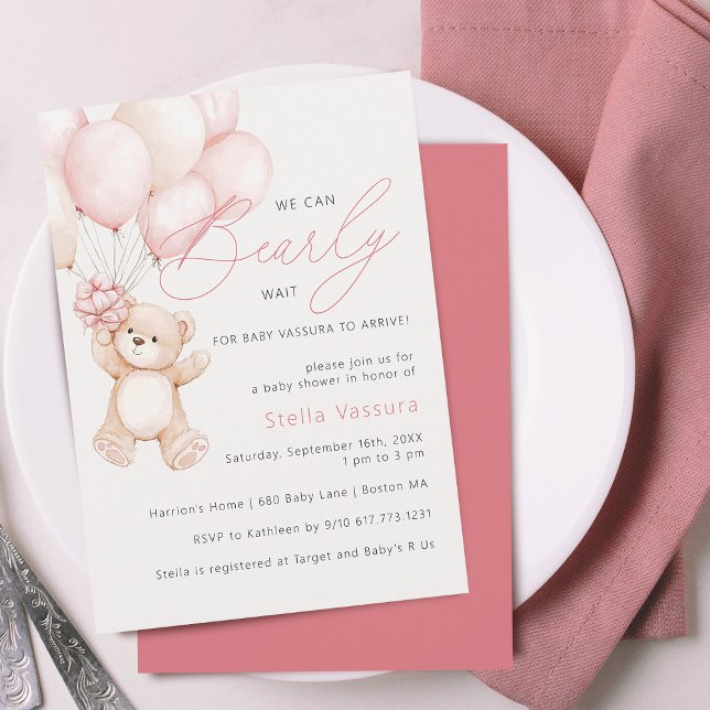 Teddy Bear Pink Balloons Girl Baby Shower Invitation (Teddy Bear Pink Balloons Girl Baby Shower Invitation)