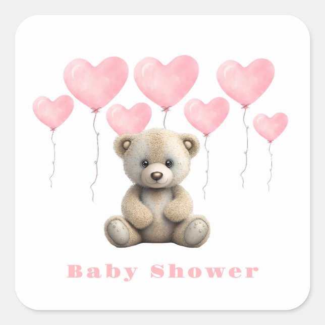 Teddy Bear Pink Balloons Girl Baby Shower Square Sticker (Front)
