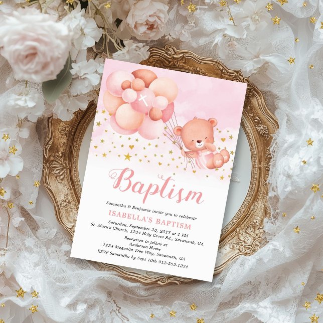 Teddy Bear Pink Balloons Gold Stars Baptism Invitation (This cute baptism invitation for girls features a teddy bear being carried away by balloons.)