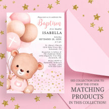 Teddy Bear Pink Balloons Gold Stars Baptism