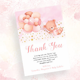 Teddy Bear Pink Balloons Gold Stars Baptism Thank You Card