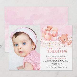 Teddy Bear Pink Balloons Gold Stars Photo Baptism Invitation