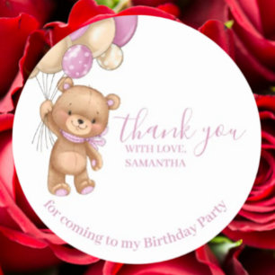 Teddy Bear PINK Balloons Happy Birthday Thank You  Classic Round Sticker