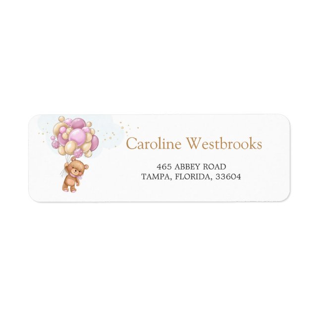 Teddy Bear Pink Balloons Return Address label (Front)