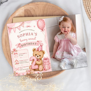 Teddy Bear, Pink Balloons, Second Birthday Photo Invitation