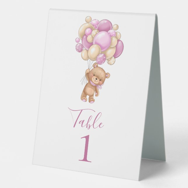 Teddy Bear Pink Balloons Table Tent Sign (Front)