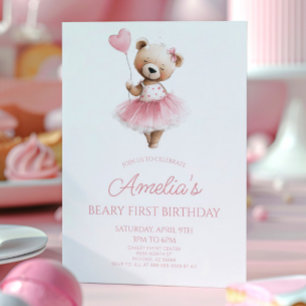 Teddy Bear Pink Beary First 1st Birthday Party Invitation