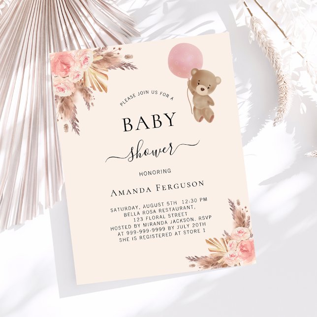 Teddy bear pink beige girl baby shower invitation (Creator Uploaded)