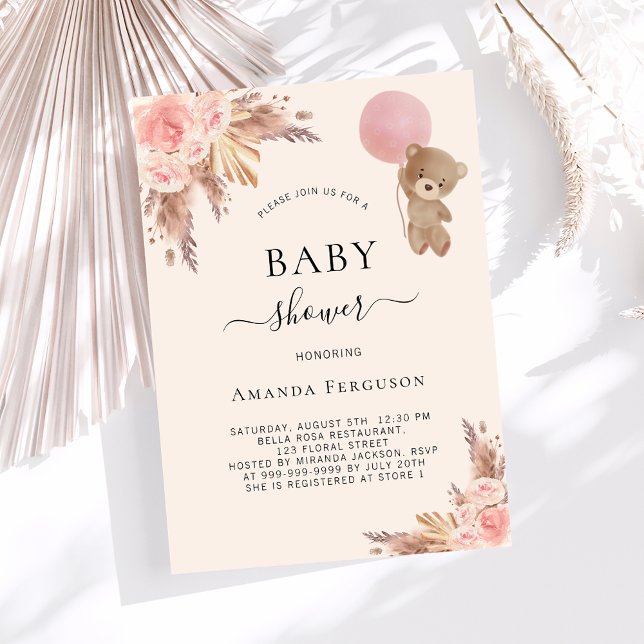 Teddy bear pink beige pampas girl baby shower invitation (Creator Uploaded)