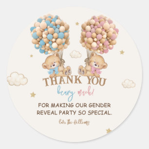 Teddy Bear Pink Blue Balloons Gender Reveal Thank  Classic Round Sticker
