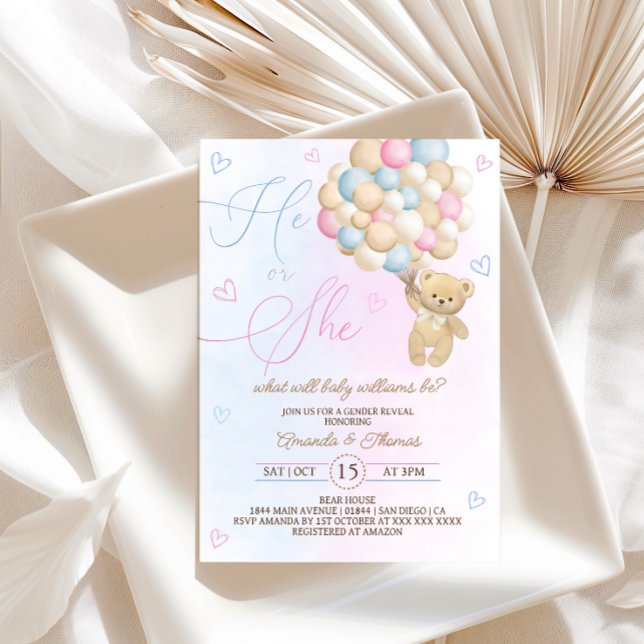 Teddy Bear Pink Blue Gender Reveal Invitation (Creator Uploaded)