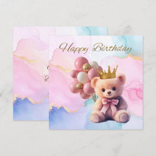 Teddy Bear Pink Bow Gold Crown Happy Birthday