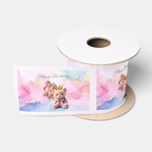 Teddy Bear Pink Bow Gold Crown Happy Birthday Satin Ribbon