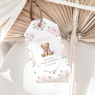 Teddy Bear, Pink Bow, Pink Flowers, Baby Shower Gift Tags