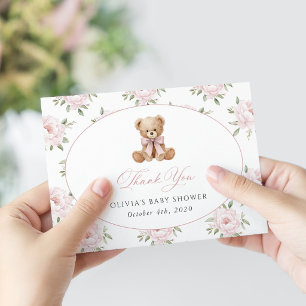 Teddy Bear, Pink Bow, Pink Flowers, Baby Shower Thank You Card