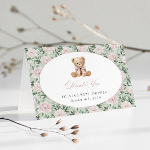 Teddy Bear, Pink Bow, Pink Flowers, Baby Shower Thank You Card