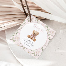 Teddy Bear, Pink Bow, Pink Flowers, First Birthday