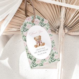 Teddy Bear, Pink Bow, Pink Flowers, First Birthday Gift Tags