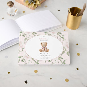 Teddy Bear, Pink Bow, Pink Flowers, First Birthday Guest Book