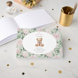 Teddy Bear, Pink Bow, Pink Flowers, First Birthday Guest Book