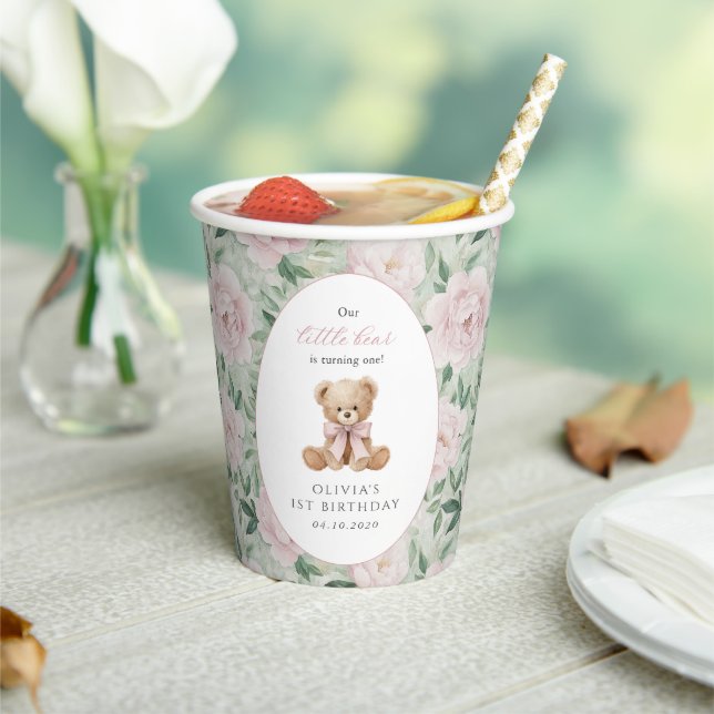 Teddy Bear, Pink Bow, Pink Flowers, First Birthday Paper Cups (Insitu)