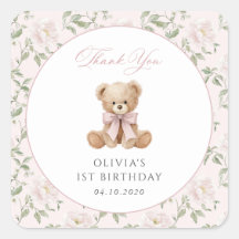 Teddy Bear, Pink Bow, Pink Flowers, First Birthday