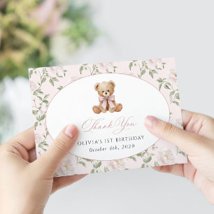 Teddy Bear, Pink Bow, Pink Flowers, First Birthday Thank You Card