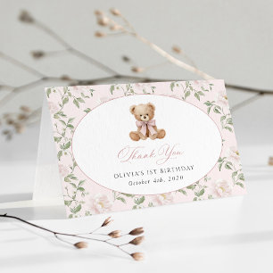 Teddy Bear, Pink Bow, Pink Flowers, First Birthday Thank You Card