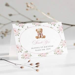Teddy Bear, Pink Bow, Pink Flowers, First Birthday Thank You Card